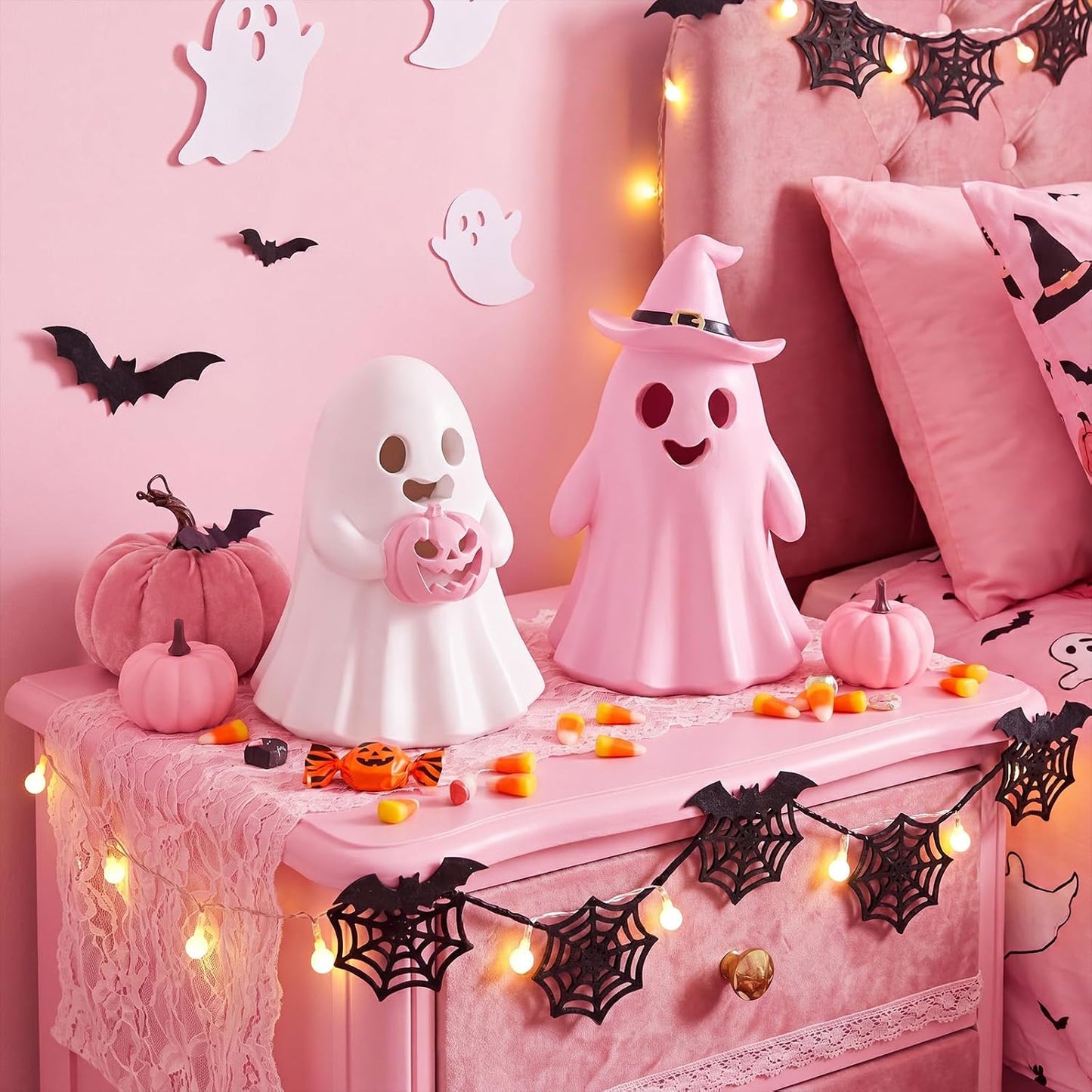 2 Pcs Pink Halloween Decorations Indoor, Light Up Cute Ghost Couple