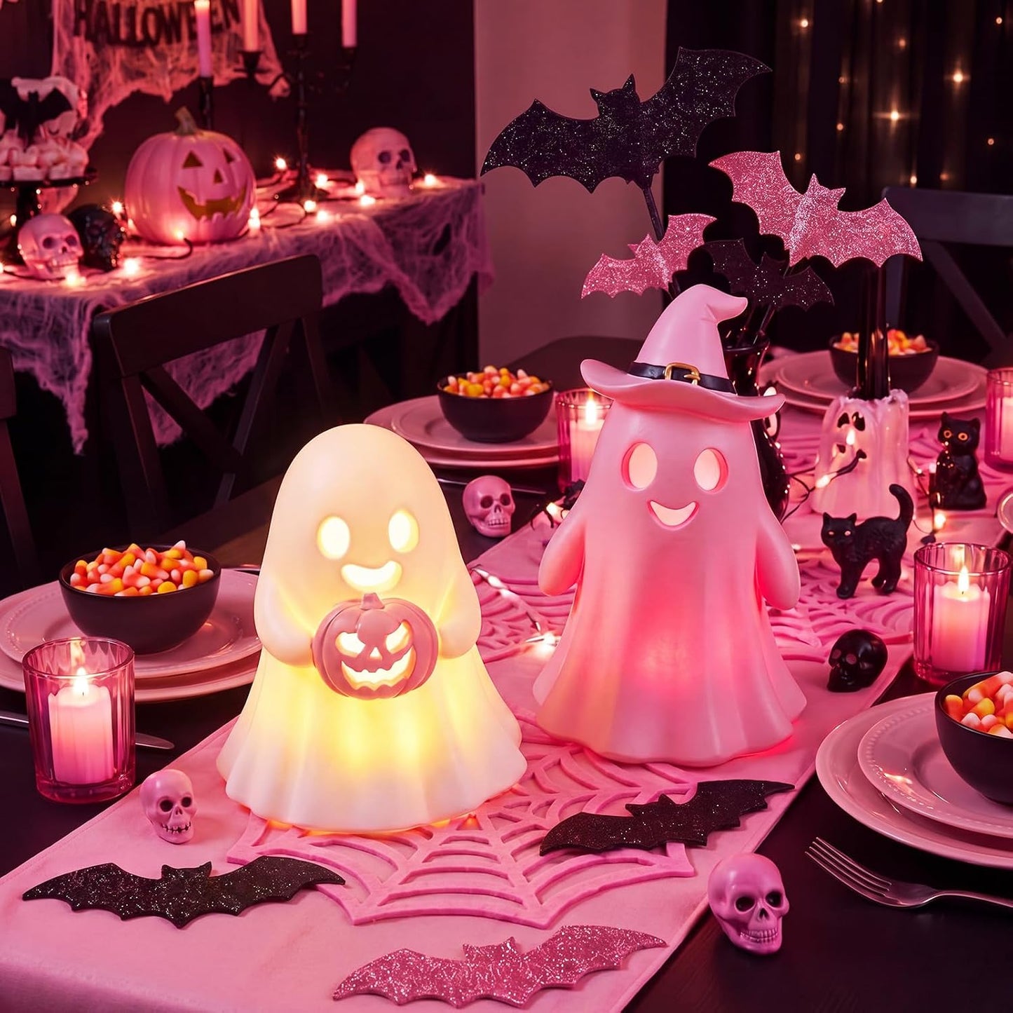 2 Pcs Pink Halloween Decorations Indoor, Light Up Cute Ghost Couple