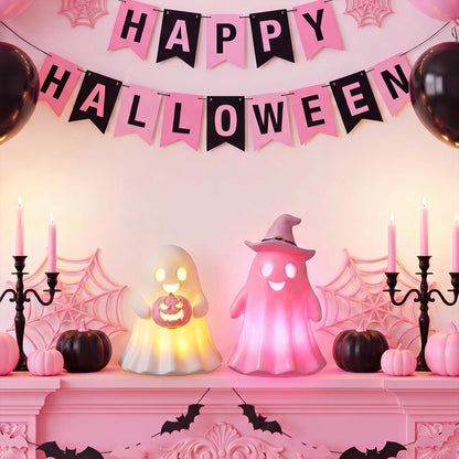 2 Pcs Pink Halloween Decorations Indoor, Light Up Cute Ghost Couple