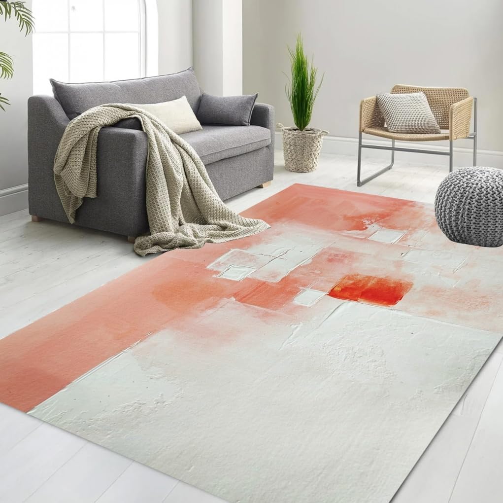 Coral Pink White Minimalist Abstract Texture 6x8 Rug for Living Room Bedroom Dining Room Machine Washable Non Slip Soft Large Carpet Nursery Dorm Guestroom Mats Modern Fresh Unique Art Deco Rugs