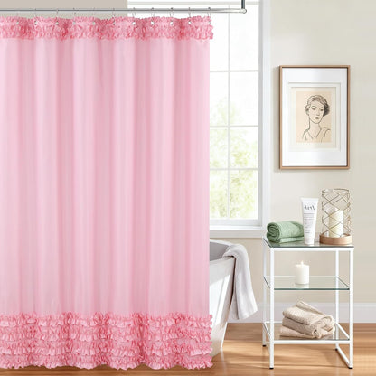 Ruffle Shower Curtain, Pink Girls Women Fabric Shower Curtain with Delicate Handcrafted Ruffles, Waterproof Ruched Farmhouse Decorative Bathroom Curtain, 72" W x 72" H