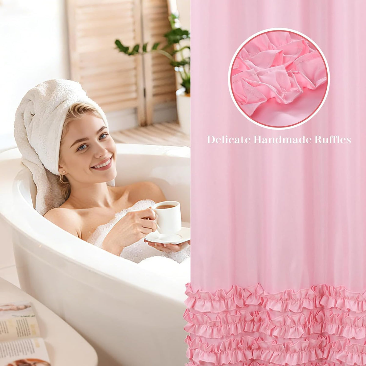 Ruffle Shower Curtain, Pink Girls Women Fabric Shower Curtain with Delicate Handcrafted Ruffles, Waterproof Ruched Farmhouse Decorative Bathroom Curtain, 72" W x 72" H