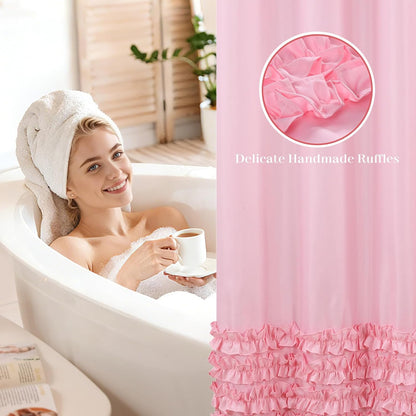 Ruffle Shower Curtain, Pink Girls Women Fabric Shower Curtain with Delicate Handcrafted Ruffles, Waterproof Ruched Farmhouse Decorative Bathroom Curtain, 72" W x 72" H