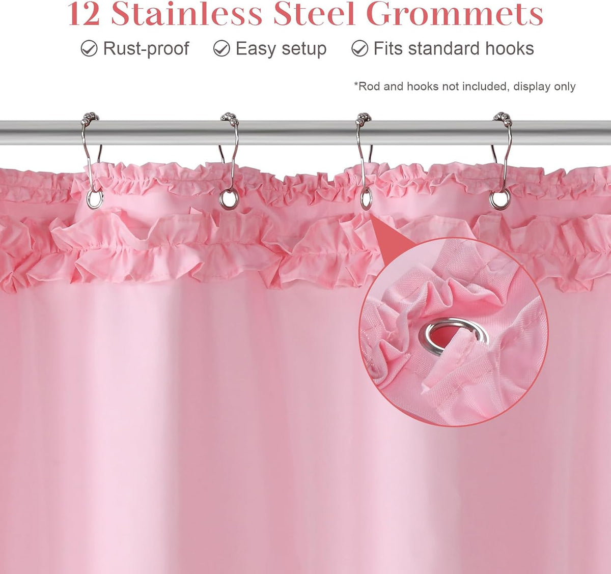 Ruffle Shower Curtain, Pink Girls Women Fabric Shower Curtain with Delicate Handcrafted Ruffles, Waterproof Ruched Farmhouse Decorative Bathroom Curtain, 72" W x 72" H