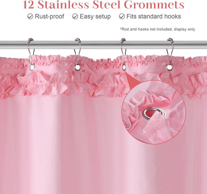Ruffle Shower Curtain, Pink Girls Women Fabric Shower Curtain with Delicate Handcrafted Ruffles, Waterproof Ruched Farmhouse Decorative Bathroom Curtain, 72" W x 72" H
