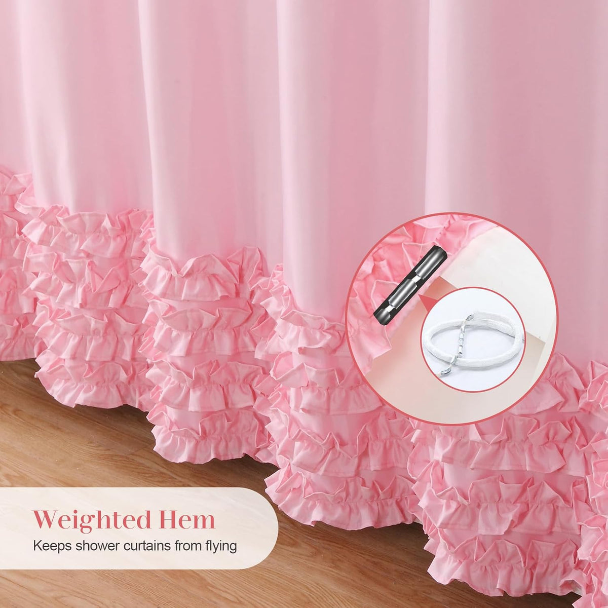 Ruffle Shower Curtain, Pink Girls Women Fabric Shower Curtain with Delicate Handcrafted Ruffles, Waterproof Ruched Farmhouse Decorative Bathroom Curtain, 72" W x 72" H
