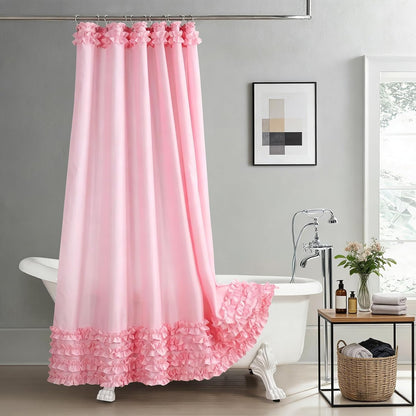 Ruffle Shower Curtain, Pink Girls Women Fabric Shower Curtain with Delicate Handcrafted Ruffles, Waterproof Ruched Farmhouse Decorative Bathroom Curtain, 72" W x 72" H