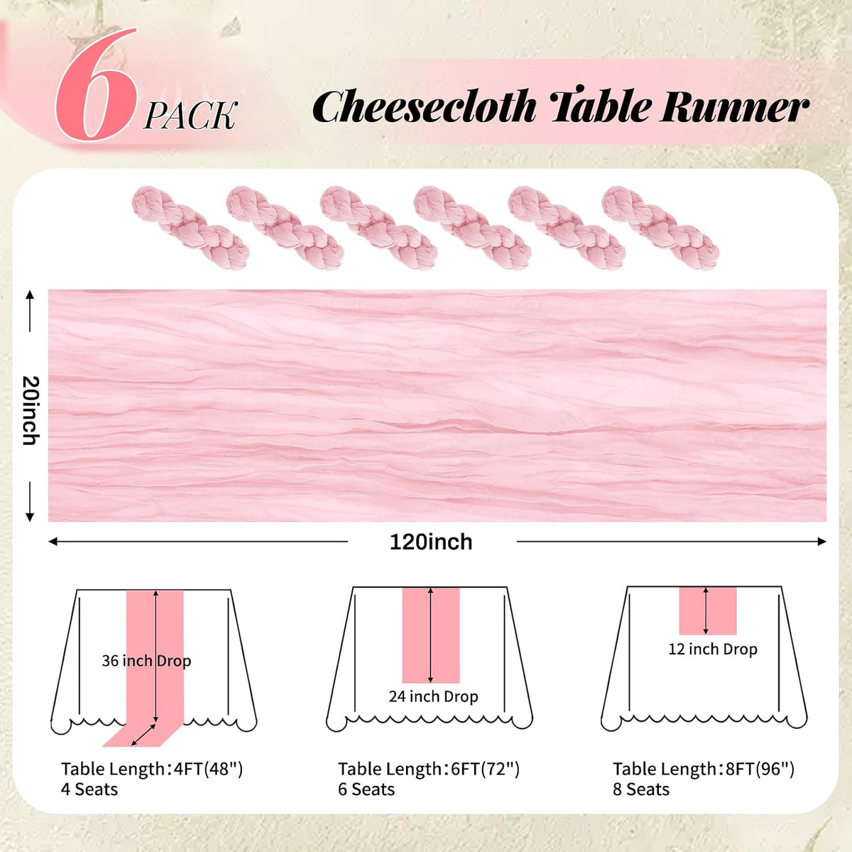 6 Pack Pink Cheesecloth Table Runner 10Ft Gauze Table Runner Boho Semi Sheer Cheese Cloth Fabric Runners for Wedding Birthday Baby Shower Party Table Decoration（Pink）