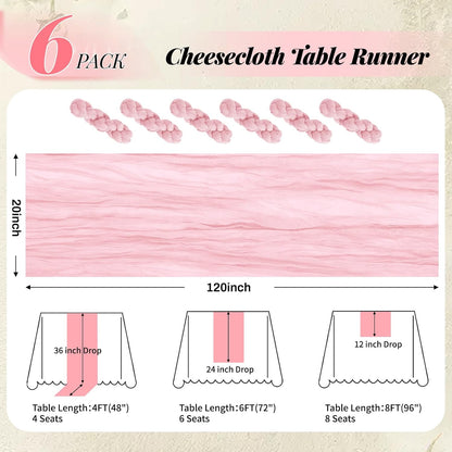 6 Pack Pink Cheesecloth Table Runner 10Ft Gauze Table Runner Boho Semi Sheer Cheese Cloth Fabric Runners for Wedding Birthday Baby Shower Party Table Decoration（Pink）