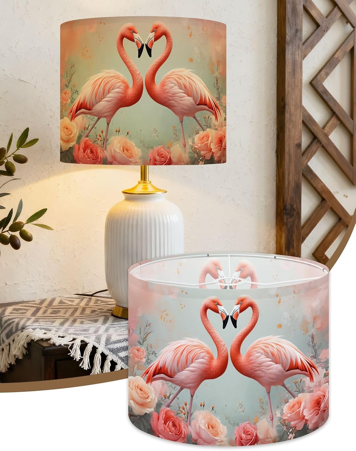 Flamingos Linen Drum Lamp Shades Easy Assembly, 13" Topx13" Bottomx10" High Tropical Animal Pink Floral Modern Roses Feathers Pastel Shades Lampshade for Table Lamps Floor Lamps Replacement Lamp Shade