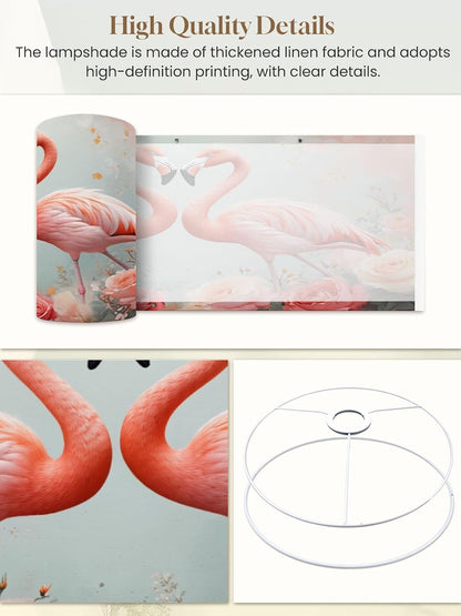 Flamingos Linen Drum Lamp Shades Easy Assembly, 13" Topx13" Bottomx10" High Tropical Animal Pink Floral Modern Roses Feathers Pastel Shades Lampshade for Table Lamps Floor Lamps Replacement Lamp Shade