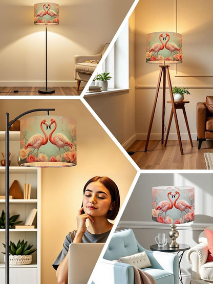 Flamingos Linen Drum Lamp Shades Easy Assembly, 13" Topx13" Bottomx10" High Tropical Animal Pink Floral Modern Roses Feathers Pastel Shades Lampshade for Table Lamps Floor Lamps Replacement Lamp Shade