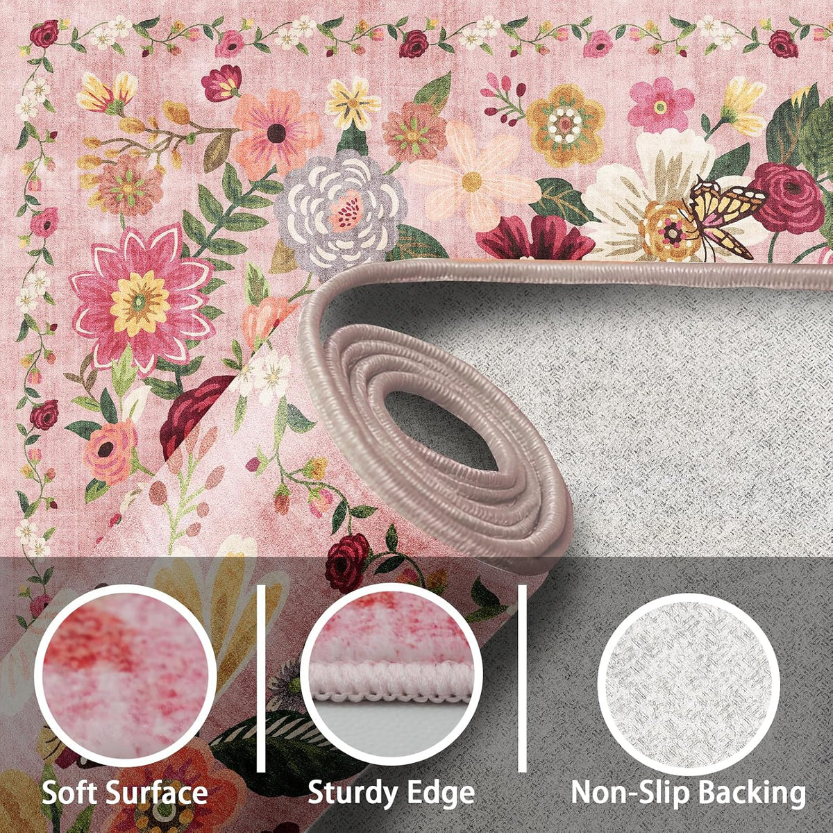 24x17 Inch Door Mat Indoor Entrance,Floral Area Rug Non Slip Pink