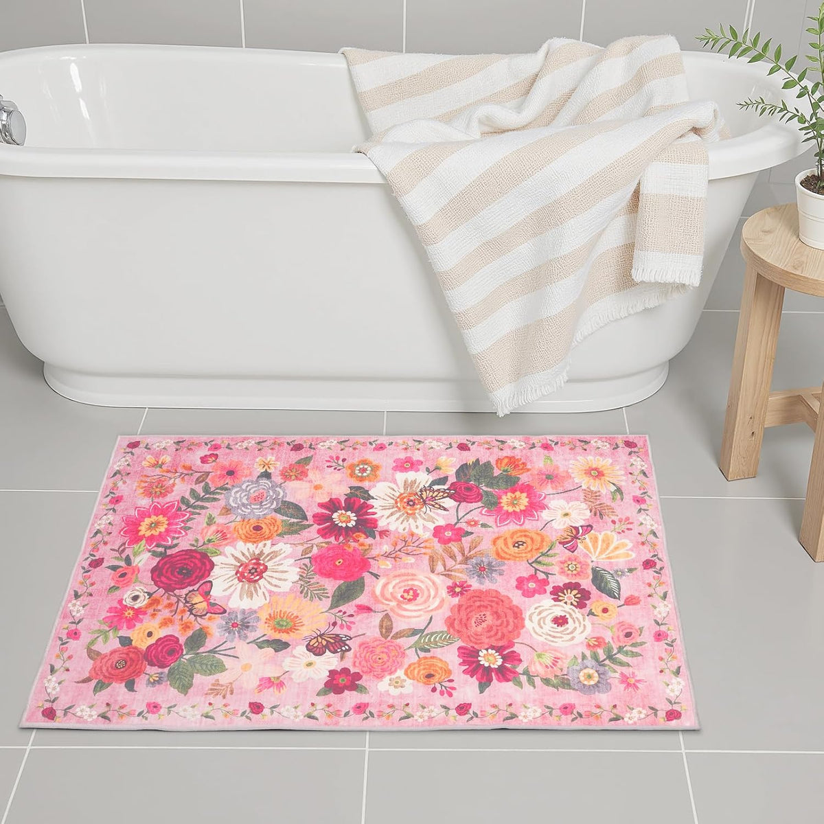 24x17 Inch Door Mat Indoor Entrance,Floral Area Rug Non Slip Pink