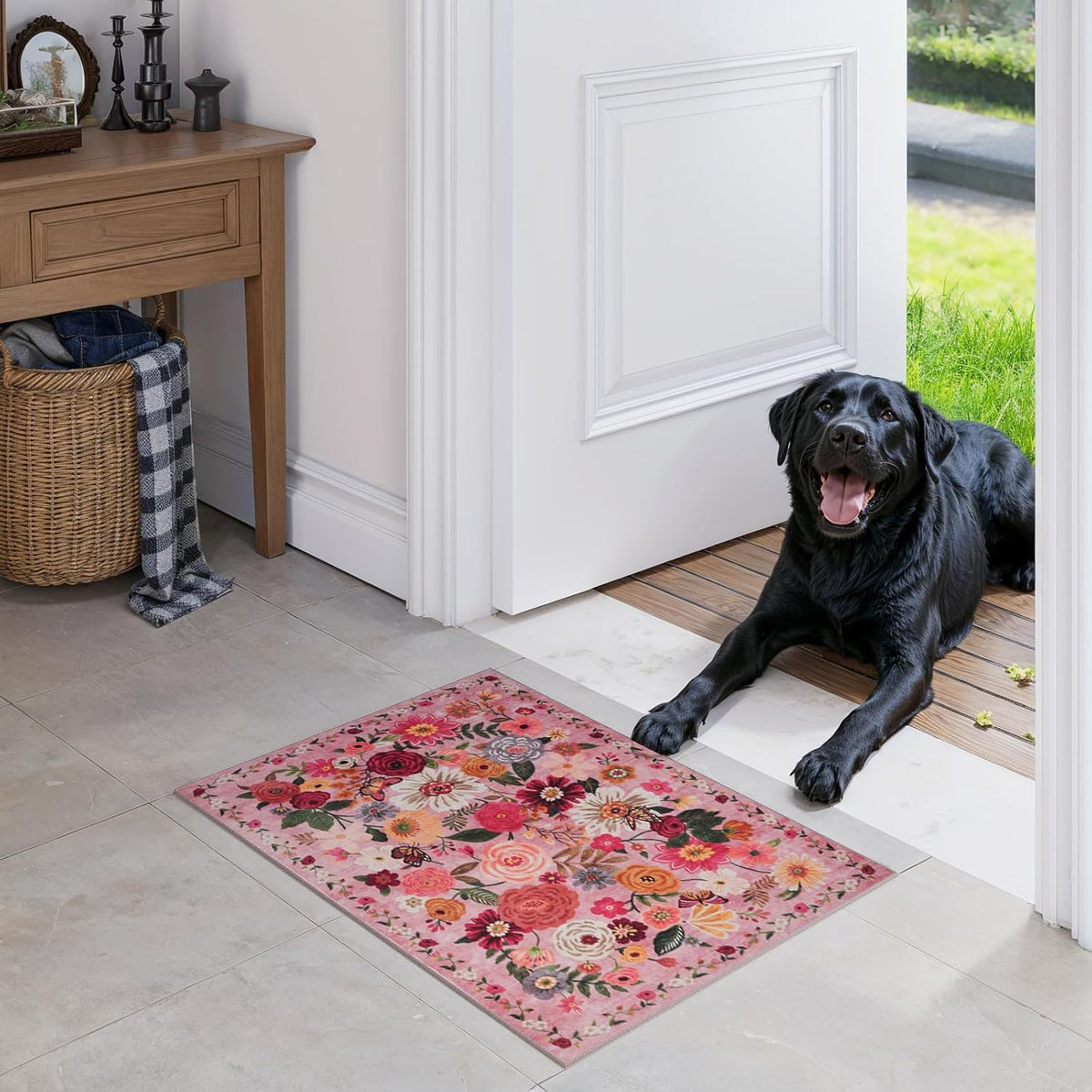 24x17 Inch Door Mat Indoor Entrance,Floral Area Rug Non Slip Pink