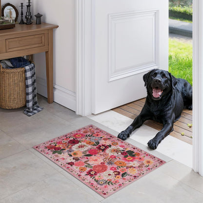 24x17 Inch Door Mat Indoor Entrance,Floral Area Rug Non Slip Pink