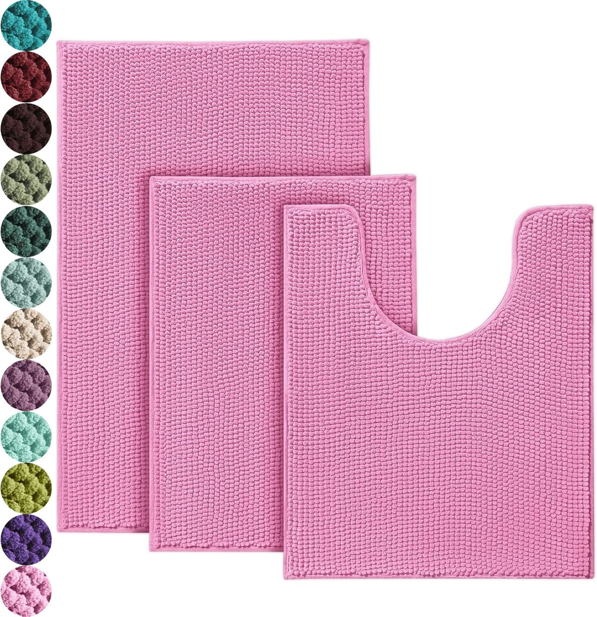 Bathroom Rugs Sets 3 Piece, Chenille Bath Mat Set, Pink