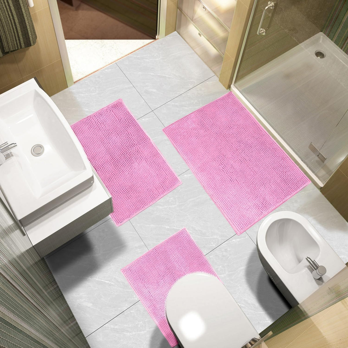 Bathroom Rugs Sets 3 Piece, Chenille Bath Mat Set, Pink