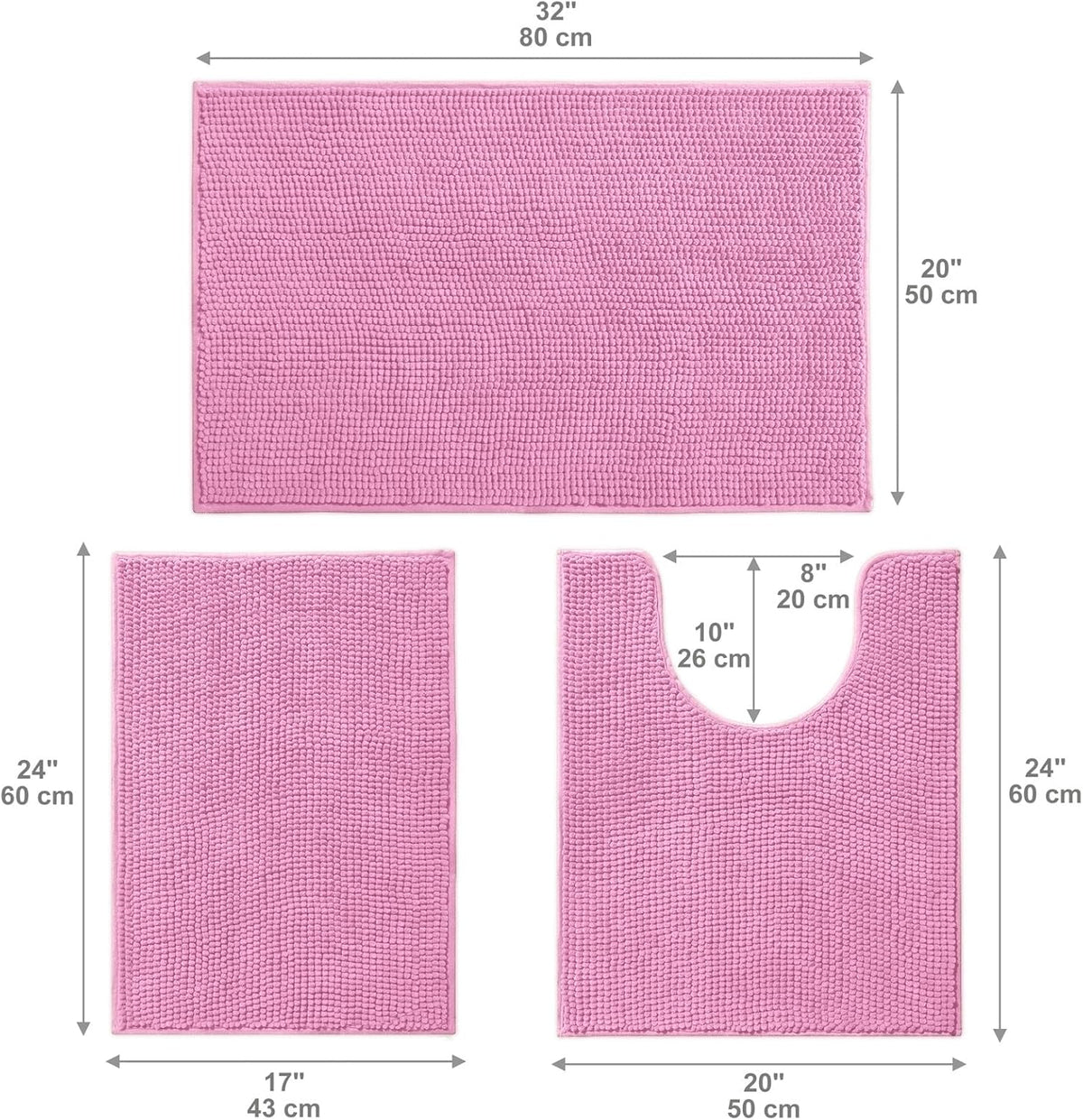 Bathroom Rugs Sets 3 Piece, Chenille Bath Mat Set, Pink