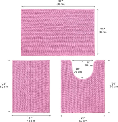 Bathroom Rugs Sets 3 Piece, Chenille Bath Mat Set, Pink