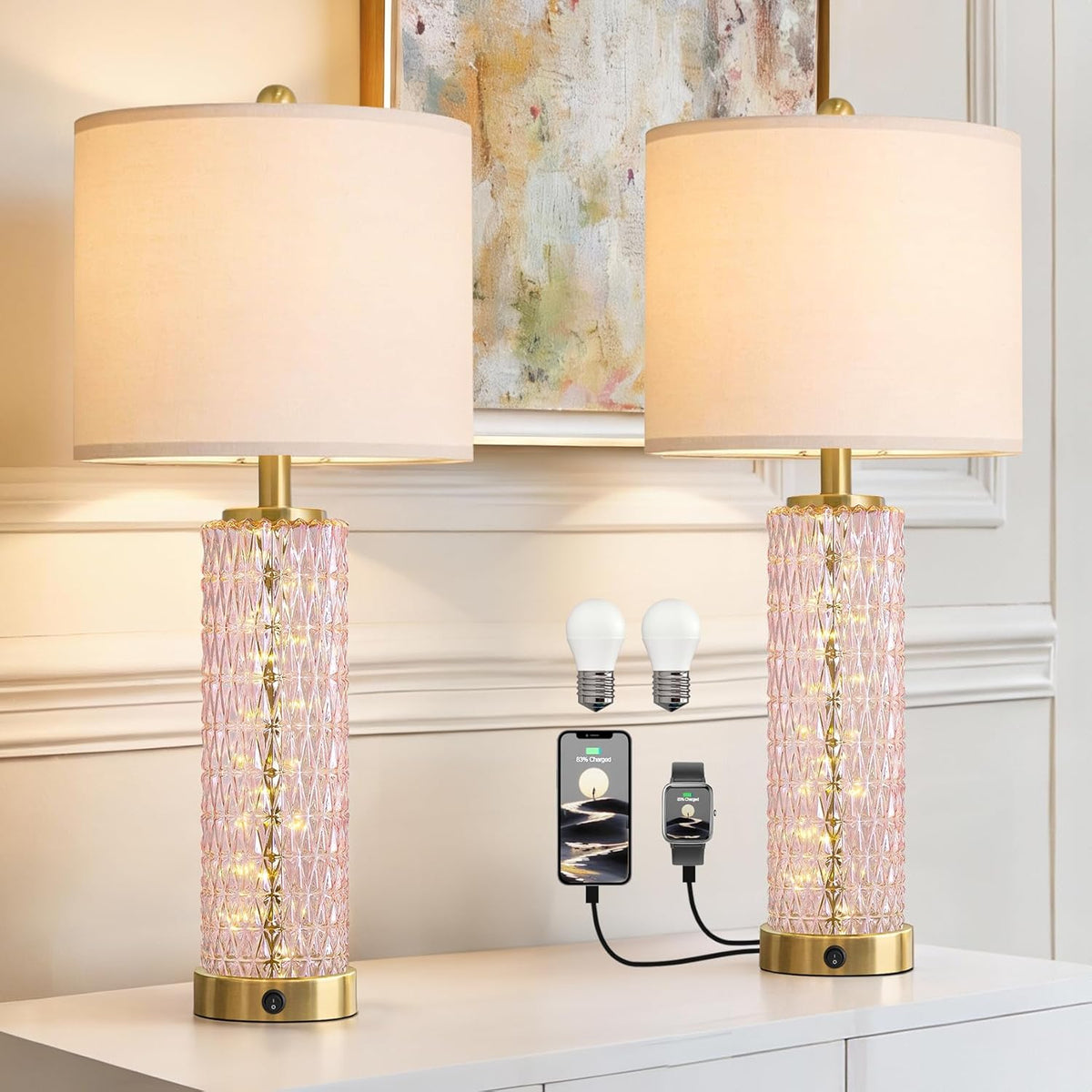 27.75" Pink Table Lamps Set of 2 with Glass Nightlight for Bedside