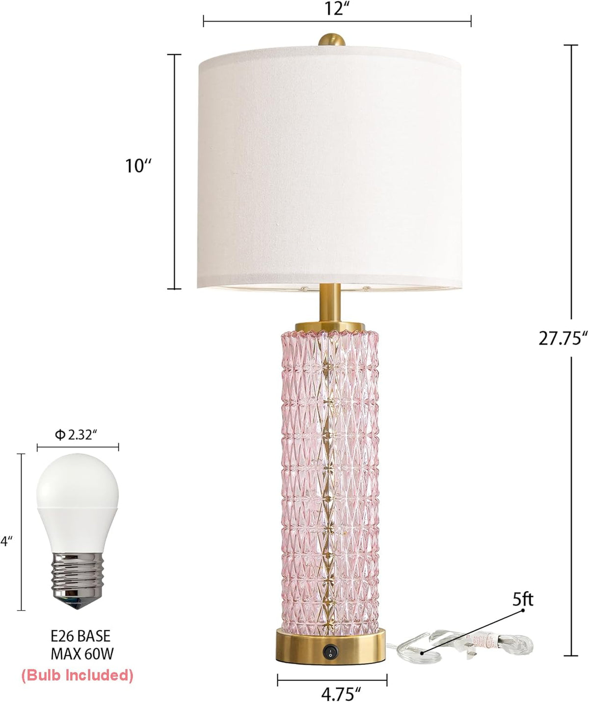 27.75" Pink Table Lamps Set of 2 with Glass Nightlight for Bedside