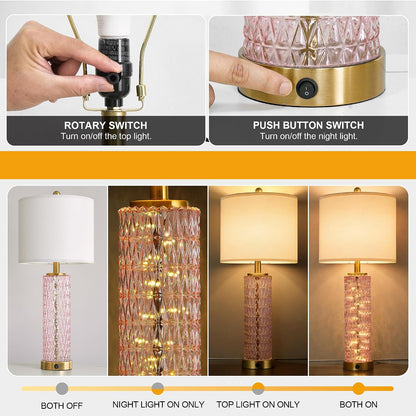 27.75" Pink Table Lamps Set of 2 with Glass Nightlight for Bedside