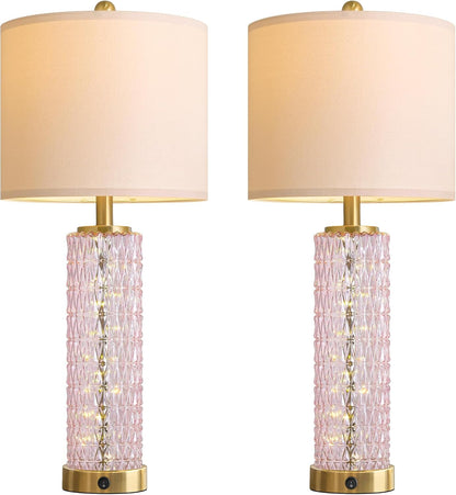 27.75" Pink Table Lamps Set of 2 with Glass Nightlight for Bedside