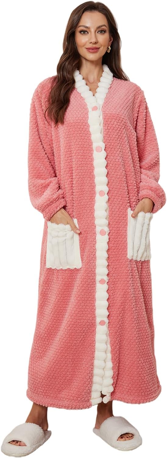 Women's Long Plush Robe, Textured Lounge Robe with Contrast Trim