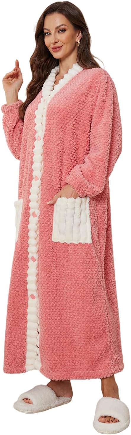 Women's Long Plush Robe, Textured Lounge Robe with Contrast Trim