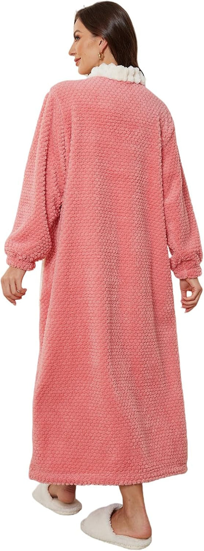 Women's Long Plush Robe, Textured Lounge Robe with Contrast Trim