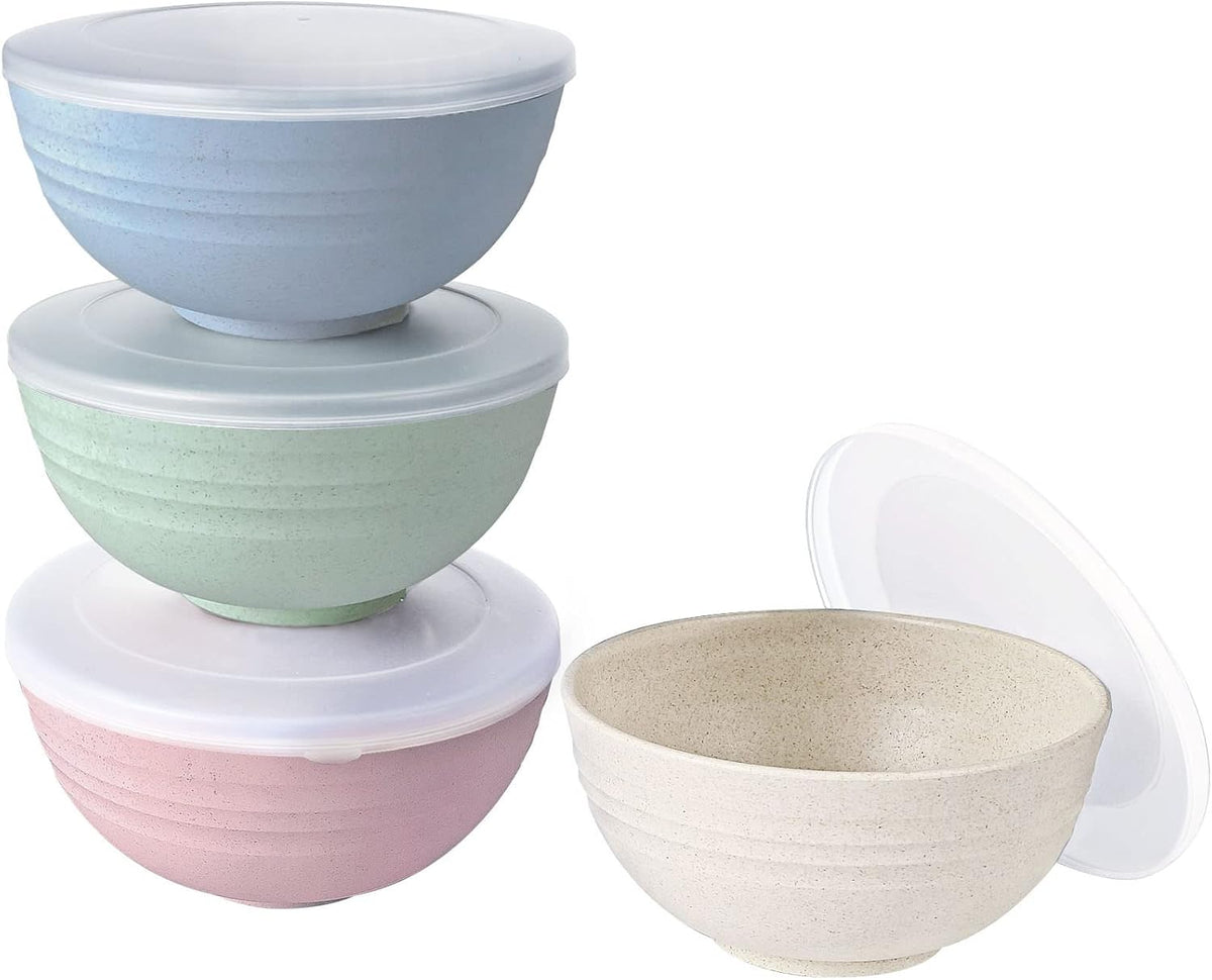 26 OZ Wheat Straw Cereal Bowls with Dust-Proof Lid, Reusable Bowls for Kitchen, Set of 4, Microwave and Dishwasher Safe for Soup, Oatmeal, Ramen, Camping, Kids, College Dorm Room, Blush