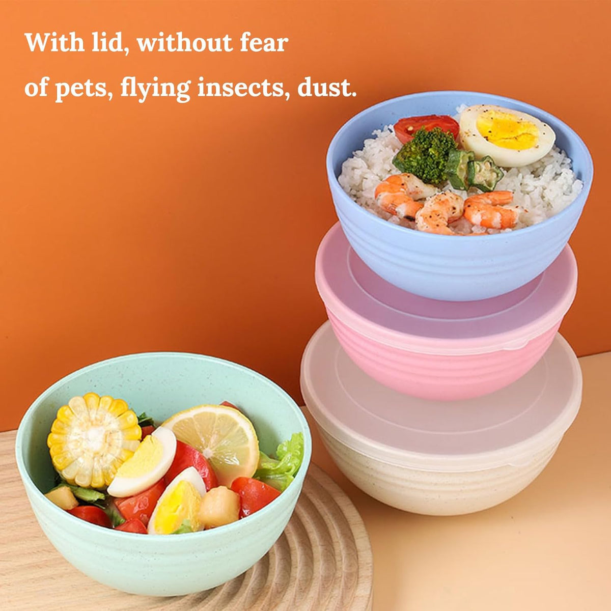 26 OZ Wheat Straw Cereal Bowls with Dust-Proof Lid, Reusable Bowls for Kitchen, Set of 4, Microwave and Dishwasher Safe for Soup, Oatmeal, Ramen, Camping, Kids, College Dorm Room, Blush