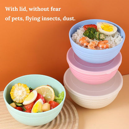 26 OZ Wheat Straw Cereal Bowls with Dust-Proof Lid, Reusable Bowls for Kitchen, Set of 4, Microwave and Dishwasher Safe for Soup, Oatmeal, Ramen, Camping, Kids, College Dorm Room, Blush
