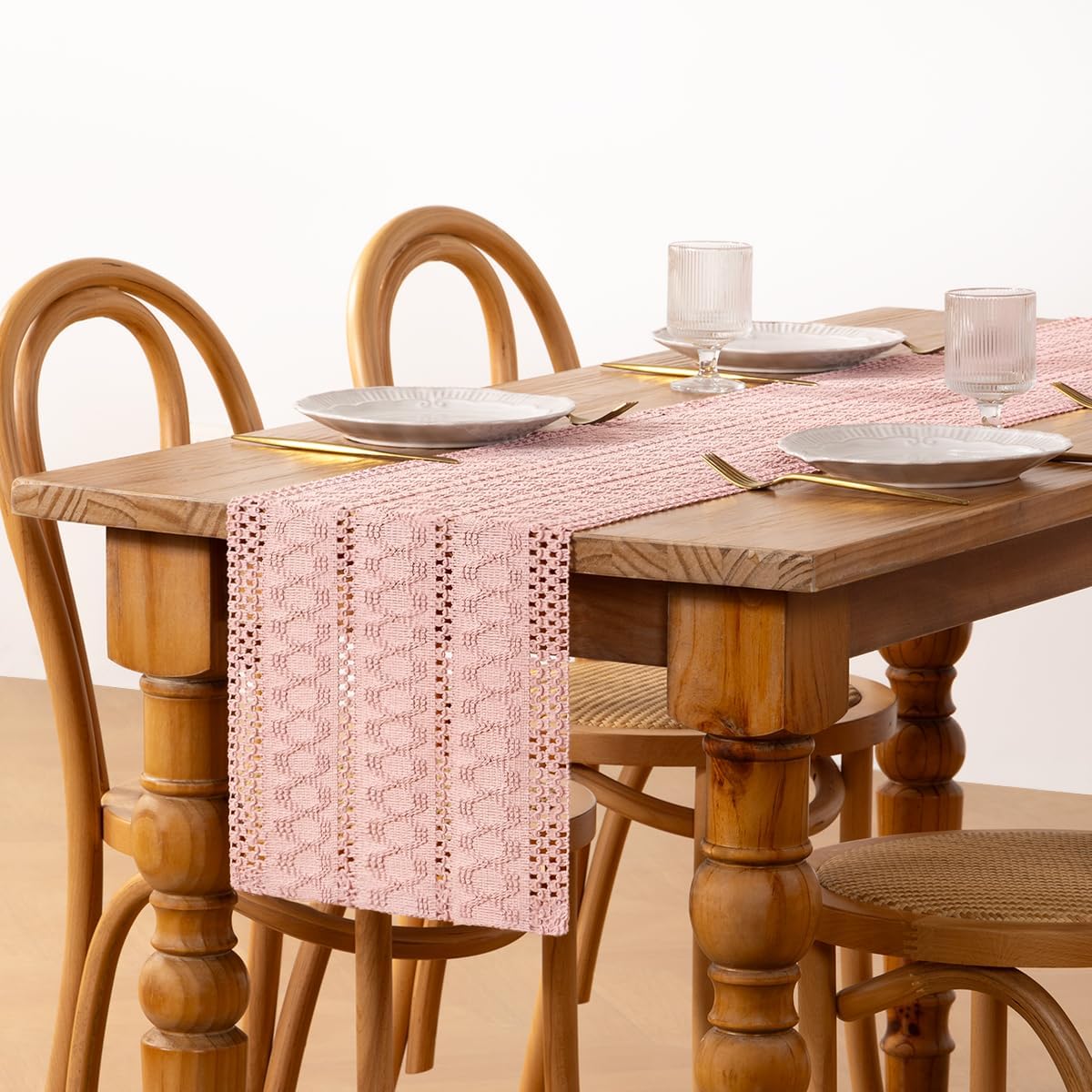 Pink Farmhouse Table Runner 36Inch Woven Linen Dining Runner
