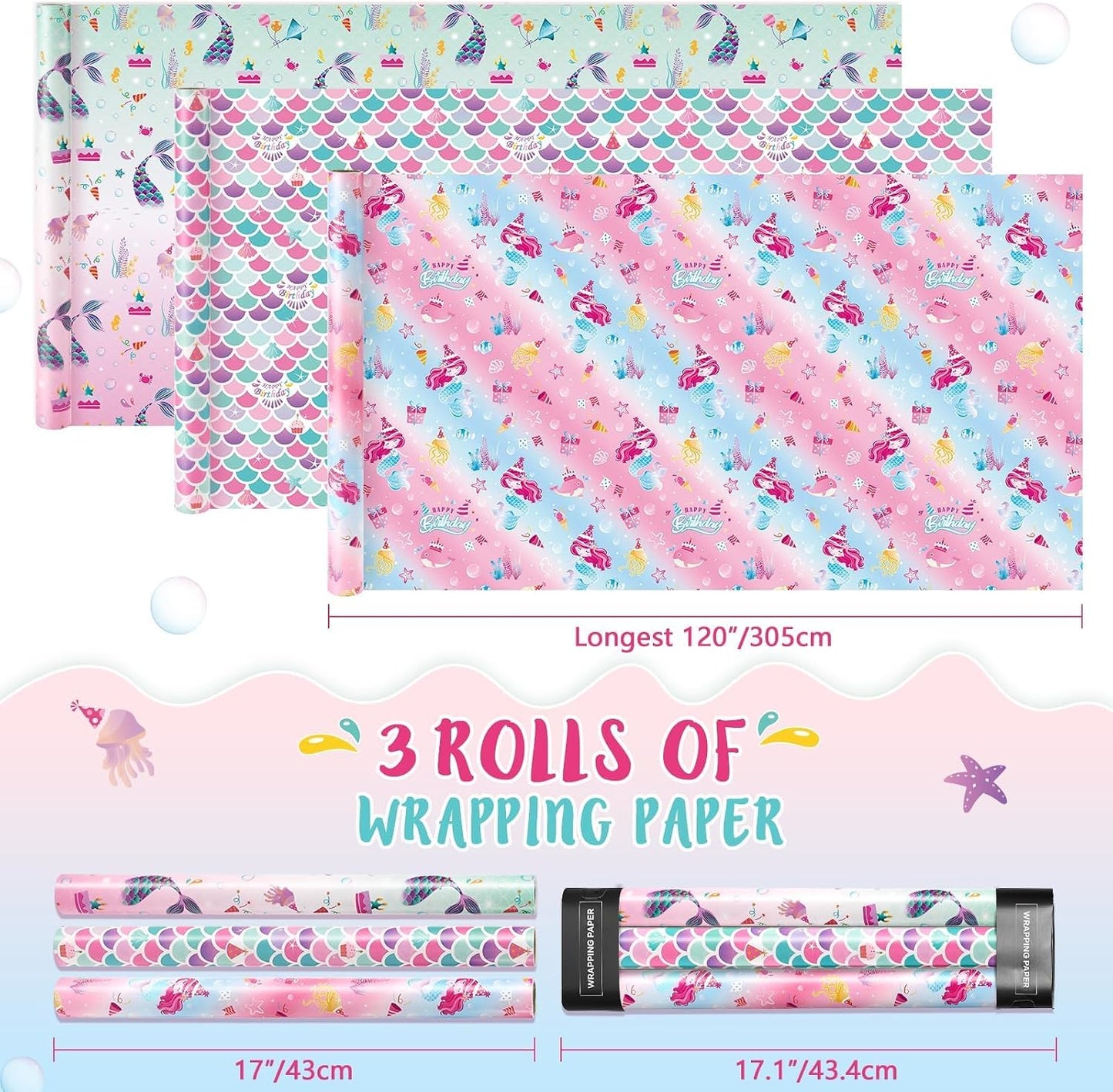 Mermaid Wrapping Paper - 3 Rolls 17” x 120” Girls Birthday Wrapping Paper Rolls Mermaid Gift Wrap Paper Kids Pink Baby Shower Ocean Theme Party Gift Packing Supply with Cutting Lines