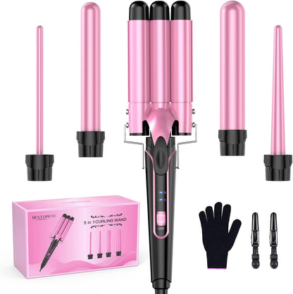 Waver Curling Iron Curling Wand - 5 in 1 Curling Wand Set with 3 Barrel Hair Crimper for Women, Fast Heating Crimper Wand Curler in All Hair Type-Pink