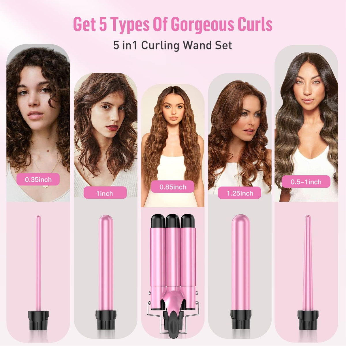 Waver Curling Iron Curling Wand - 5 in 1 Curling Wand Set with 3 Barrel Hair Crimper for Women, Fast Heating Crimper Wand Curler in All Hair Type-Pink
