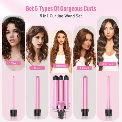 Waver Curling Iron Curling Wand - 5 in 1 Curling Wand Set with 3 Barrel Hair Crimper for Women, Fast Heating Crimper Wand Curler in All Hair Type-Pink