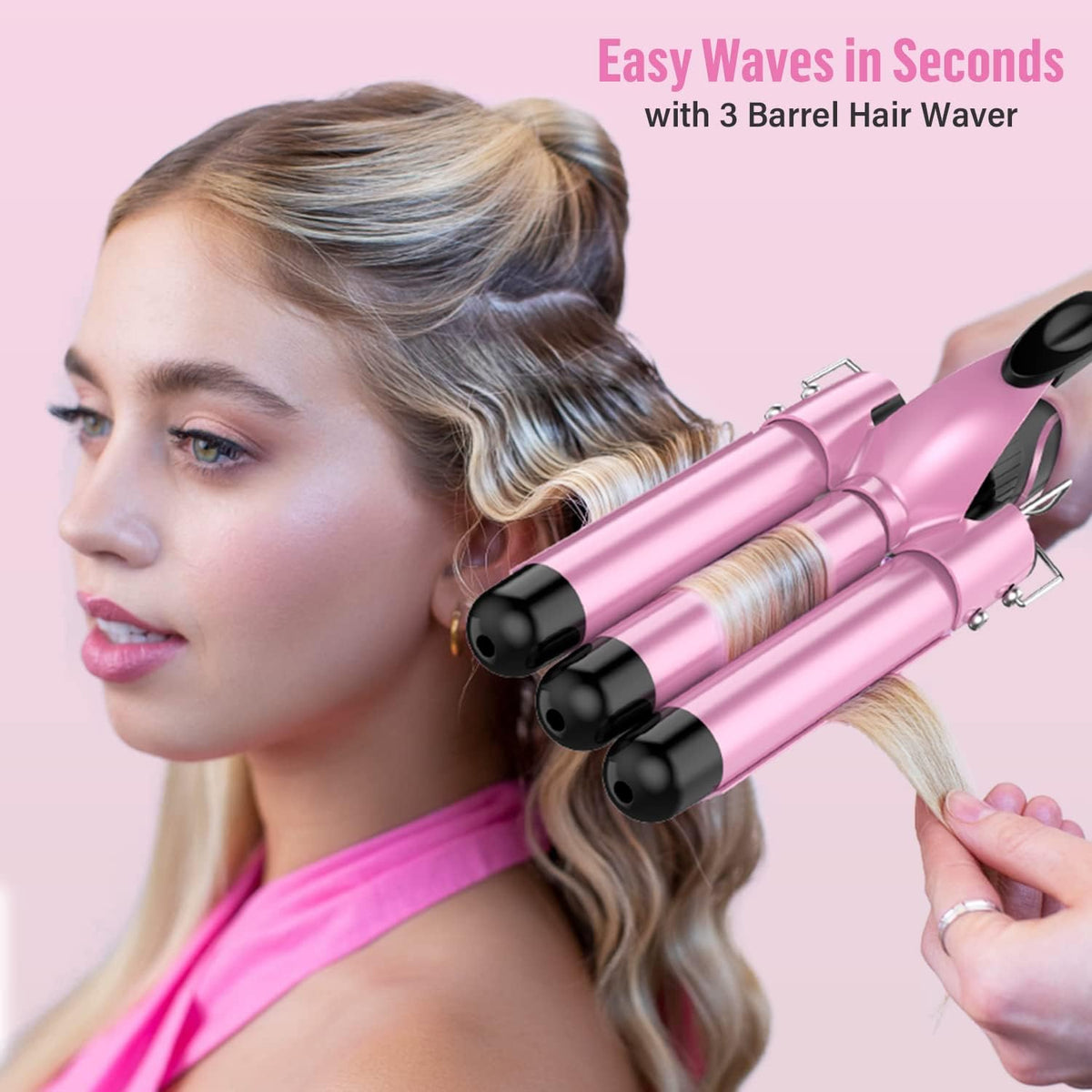 Waver Curling Iron Curling Wand - 5 in 1 Curling Wand Set with 3 Barrel Hair Crimper for Women, Fast Heating Crimper Wand Curler in All Hair Type-Pink