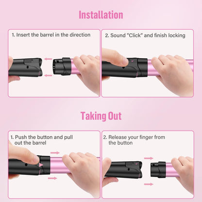 Waver Curling Iron Curling Wand - 5 in 1 Curling Wand Set with 3 Barrel Hair Crimper for Women, Fast Heating Crimper Wand Curler in All Hair Type-Pink