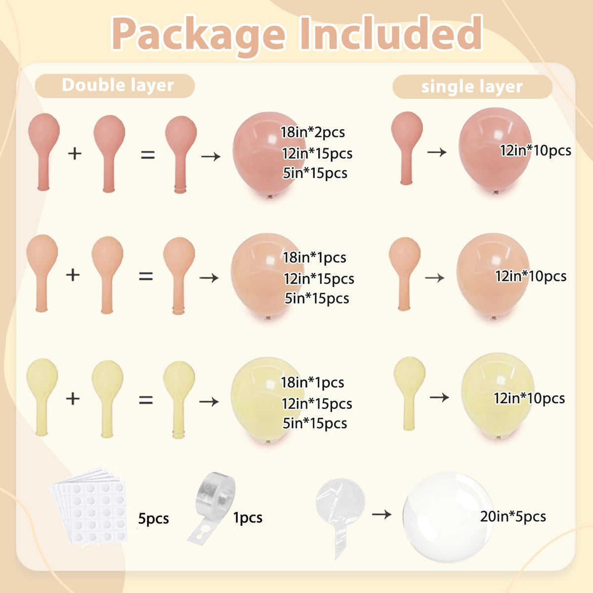 Pastel Pink Peach Balloon Arch Kit, Orange,Clear,129 pcs,Different Size