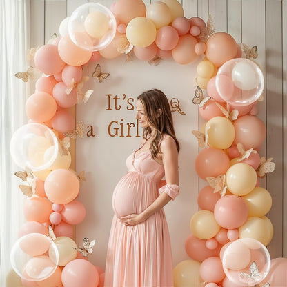 Pastel Pink Peach Balloon Arch Kit, Orange,Clear,129 pcs,Different Size