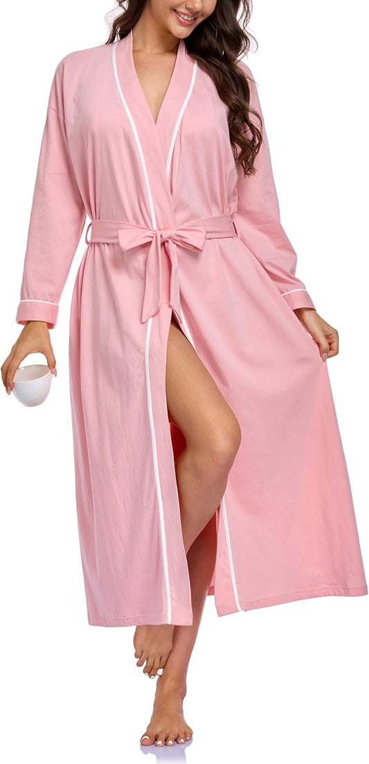 100% Cotton Robe for Women Long Sleeve Knit Kimono Soft Lightweight Bathrobe Ladies Loungewear with Pockets