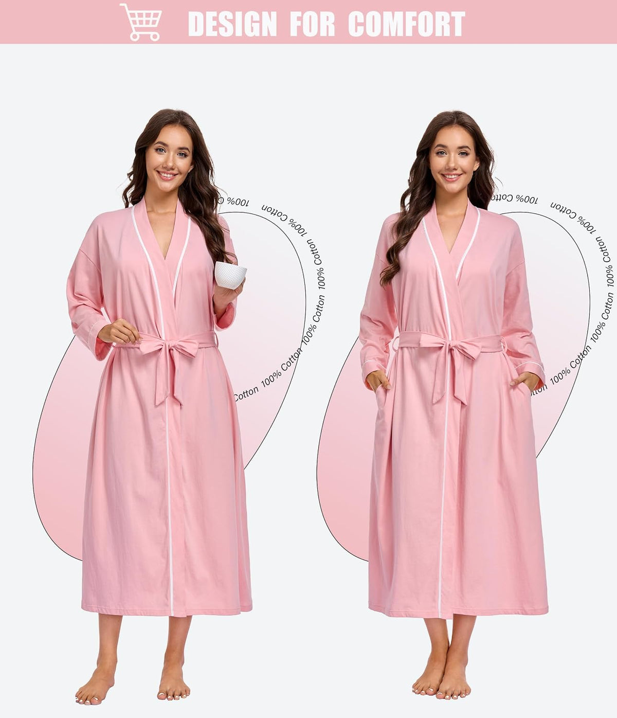 100% Cotton Robe for Women Long Sleeve Knit Kimono Soft Lightweight Bathrobe Ladies Loungewear with Pockets