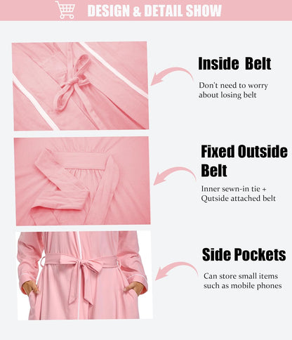 100% Cotton Robe for Women Long Sleeve Knit Kimono Soft Lightweight Bathrobe Ladies Loungewear with Pockets