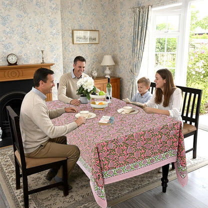 Strawberry Pink Hand Block Print Cotton Square Tablecloth 60 x 60 in