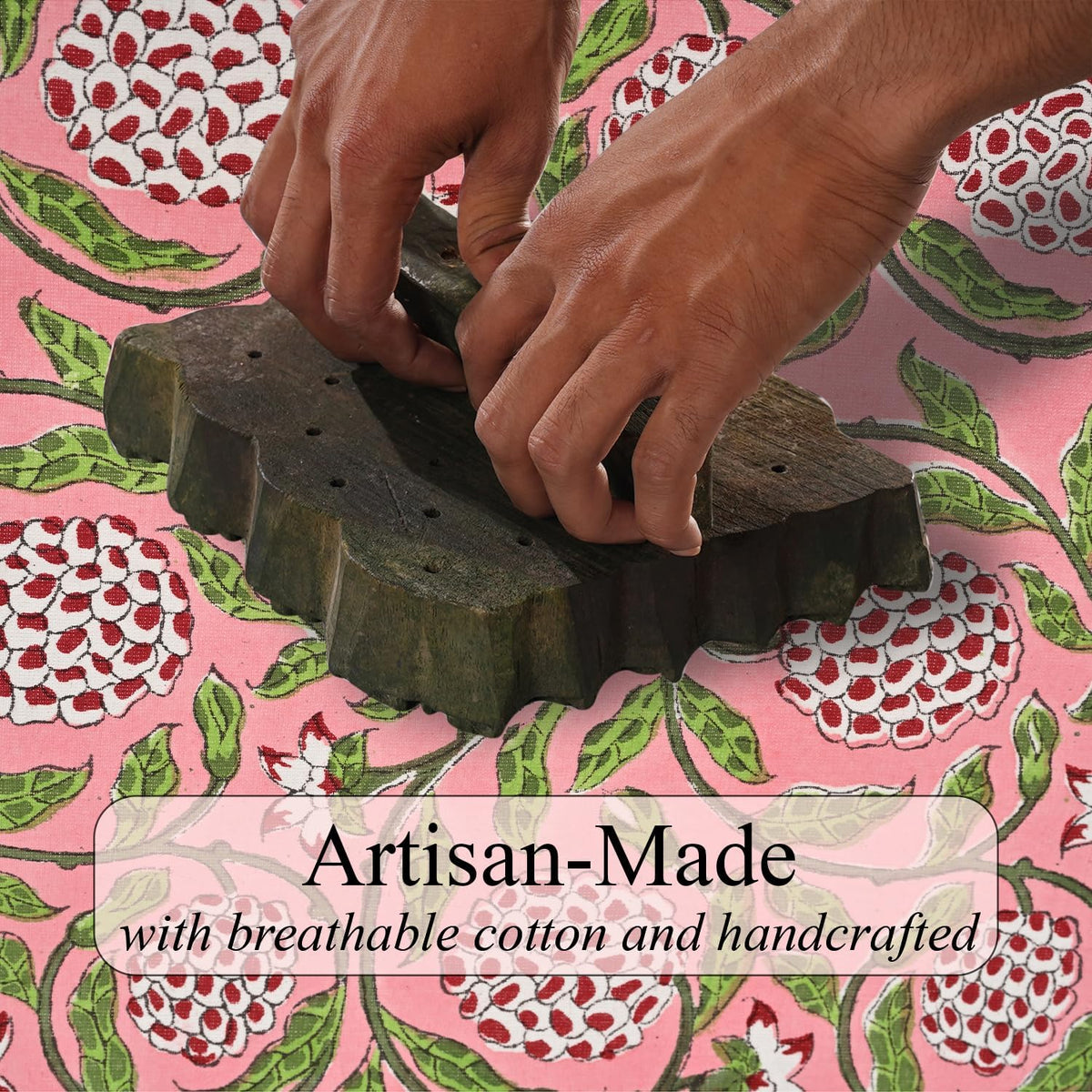 Strawberry Pink Hand Block Print Cotton Square Tablecloth 60 x 60 in