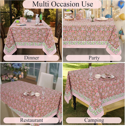 Strawberry Pink Hand Block Print Cotton Square Tablecloth 60 x 60 in