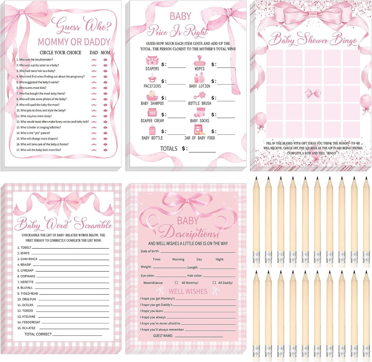 145 Pcs Baby Shower 5 Game Set for Party, Pink Bow